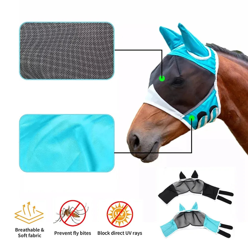 Capucha antimosquitos para caballos, máscara transpirable multitamaño para caballos, adecuada para caballos pequeños, medianos y grandes, pegada para prevenir la entrada de mosquitos.
