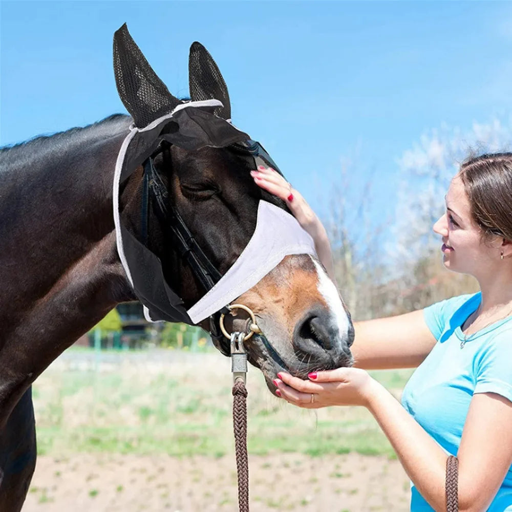 Capucha antimosquitos para caballos, máscara transpirable multitamaño para caballos, adecuada para caballos pequeños, medianos y grandes, pegada para prevenir la entrada de mosquitos.