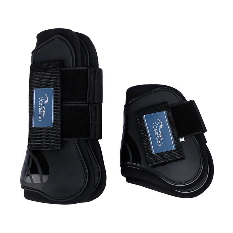 Botas de equitación con protección para los tendones y menudillos del caballo, botas abiertas por delante para ofrecer protección a las patas traseras.