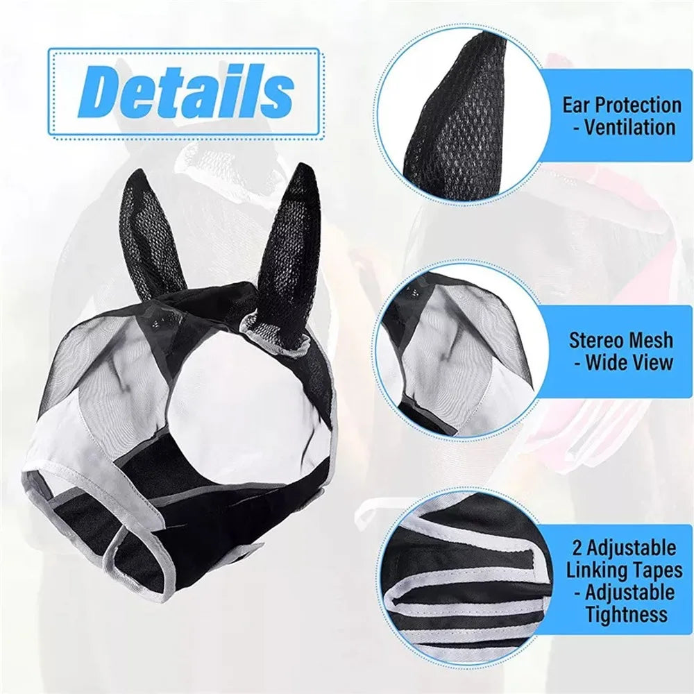 Capucha antimosquitos para caballos, máscara transpirable multitamaño para caballos, adecuada para caballos pequeños, medianos y grandes, pegada para prevenir la entrada de mosquitos.