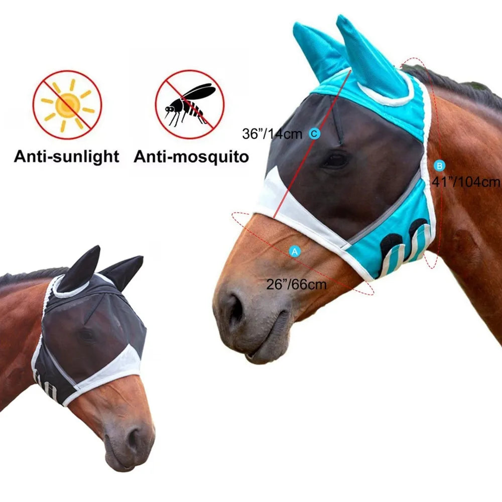 Capucha antimosquitos para caballos, máscara transpirable multitamaño para caballos, adecuada para caballos pequeños, medianos y grandes, pegada para prevenir la entrada de mosquitos.